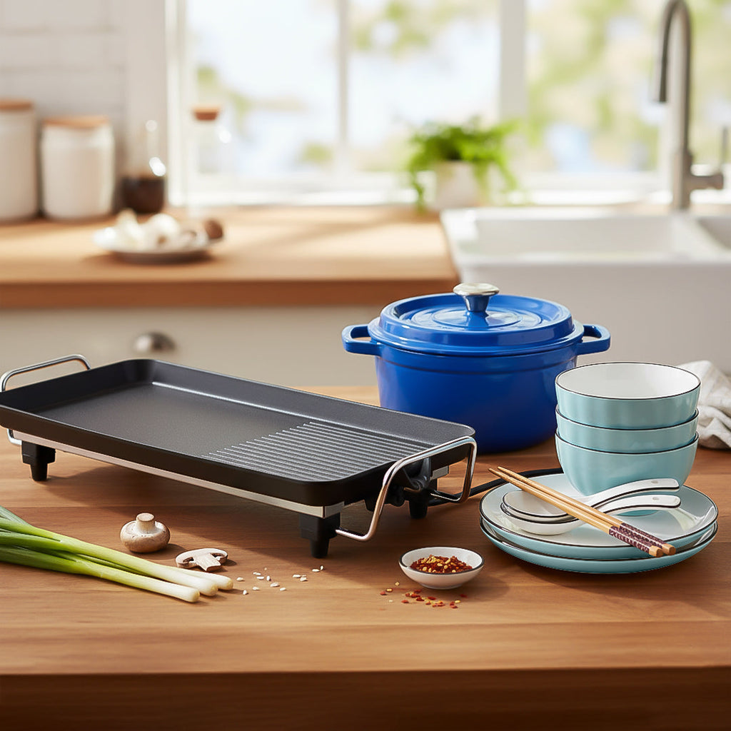 SOGA Kitchenware Bundle – Electric BBQ Teppanyaki Grill, Blue Ceramic Dinnerware & Cast Iron Stewpot
