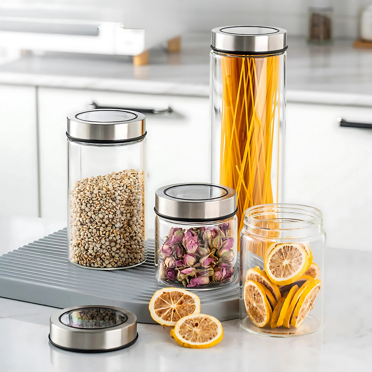 Glass Storage Jars with Lids, 750ml Stainless Steel