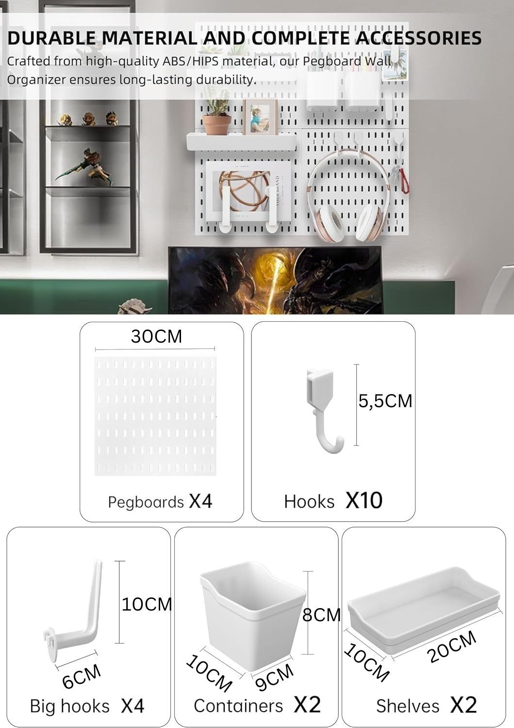 Pegboard Combination Kit - 4 Panels with 18 Accessories - White