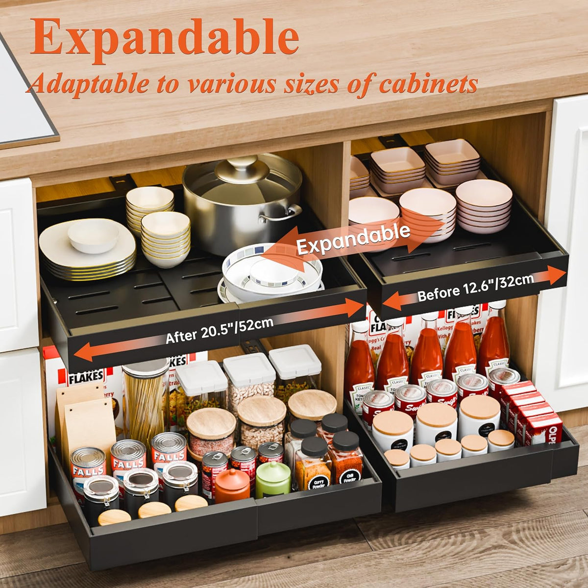 2-Pack Pull Out Cabinet Organizer with Adjustable Slide Out Shelf