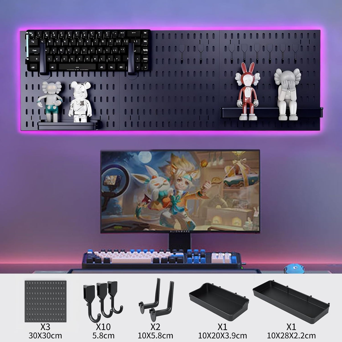 Modular Pegboard Wall Organizer Kit with 17 Accessories - 3 Panels