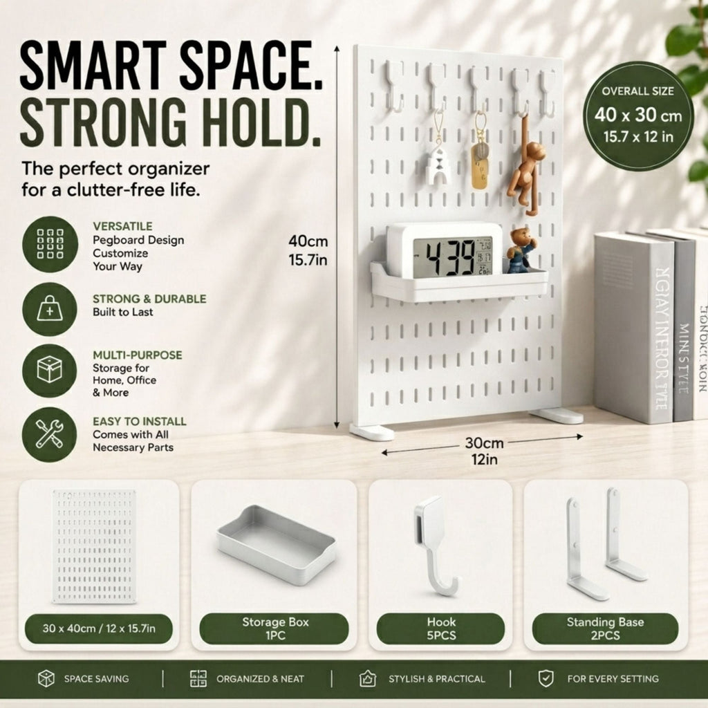 Desk Pegboard Organiser Kit with Hooks - Tray & Mount for Home Office