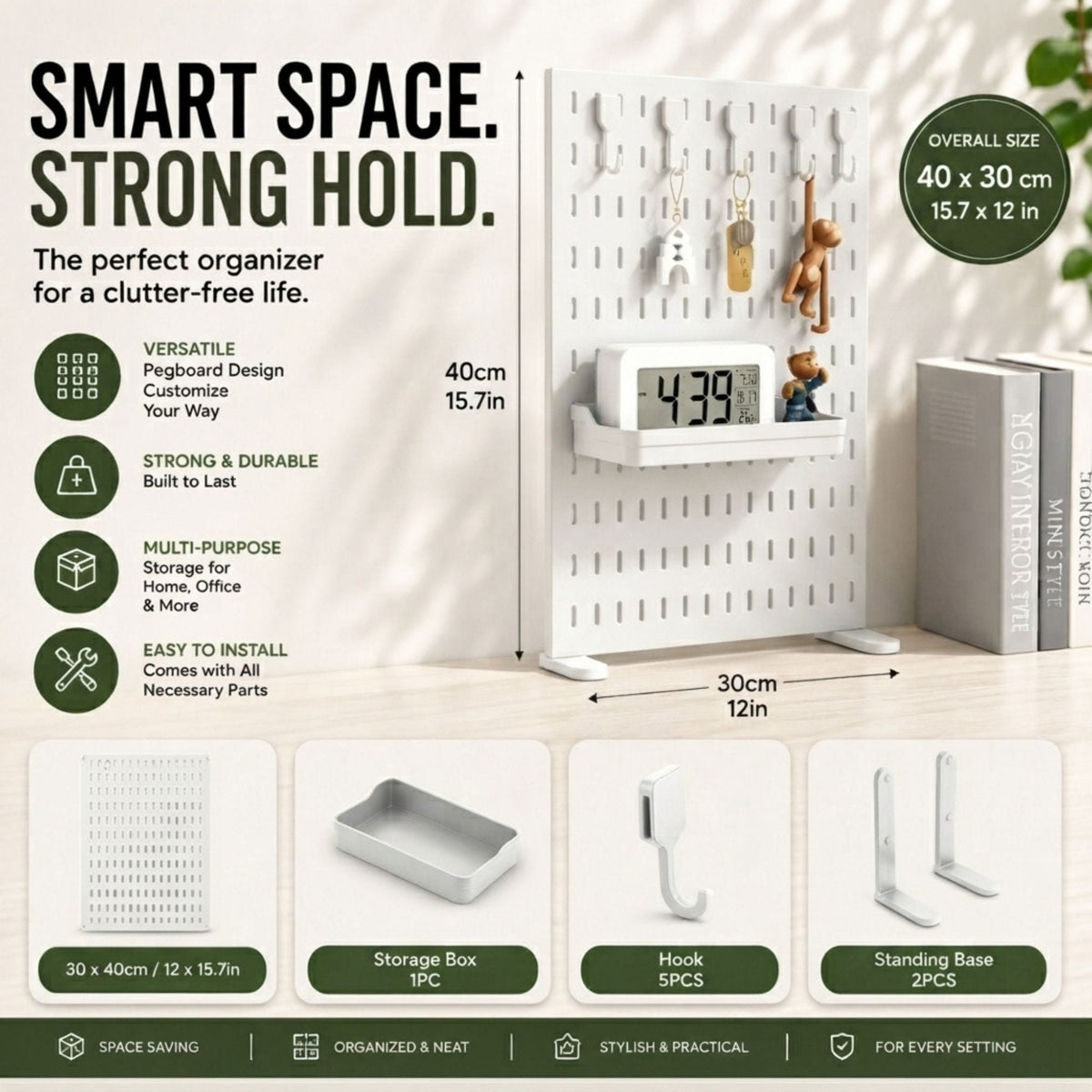 Desk Pegboard Organiser Kit with Hooks - Tray & Mount for Home Office