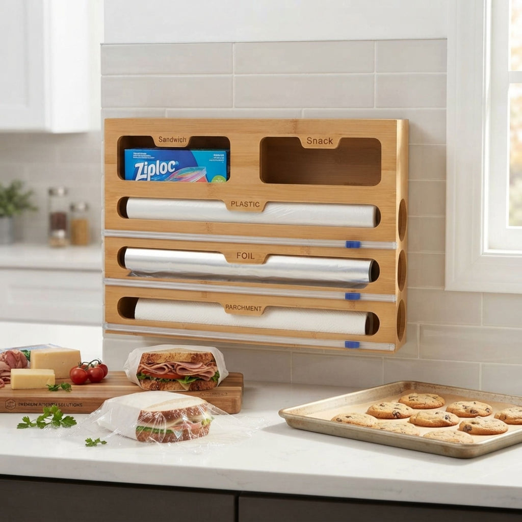 Bamboo Wrap Organiser 5 in 1 Dispenser with Cutter