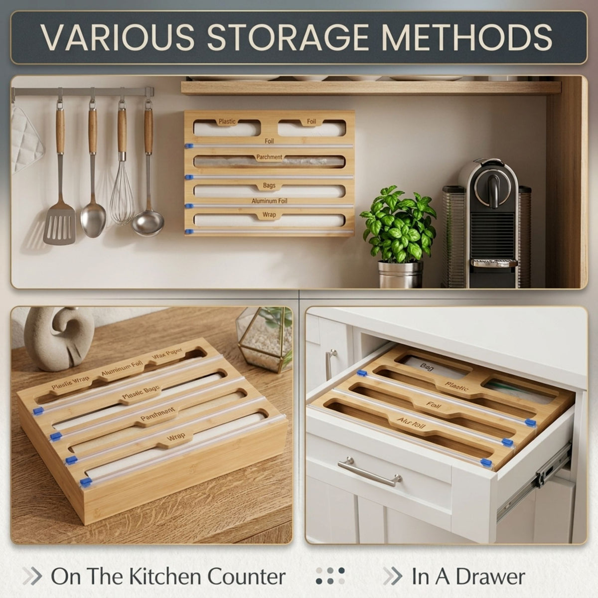 Bamboo Wrap Organiser 5 in 1 Dispenser with Cutter
