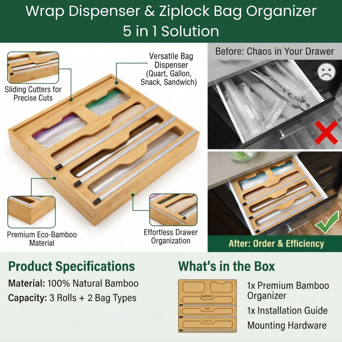 Bamboo Wrap Organiser 5 in 1 Dispenser with Cutter