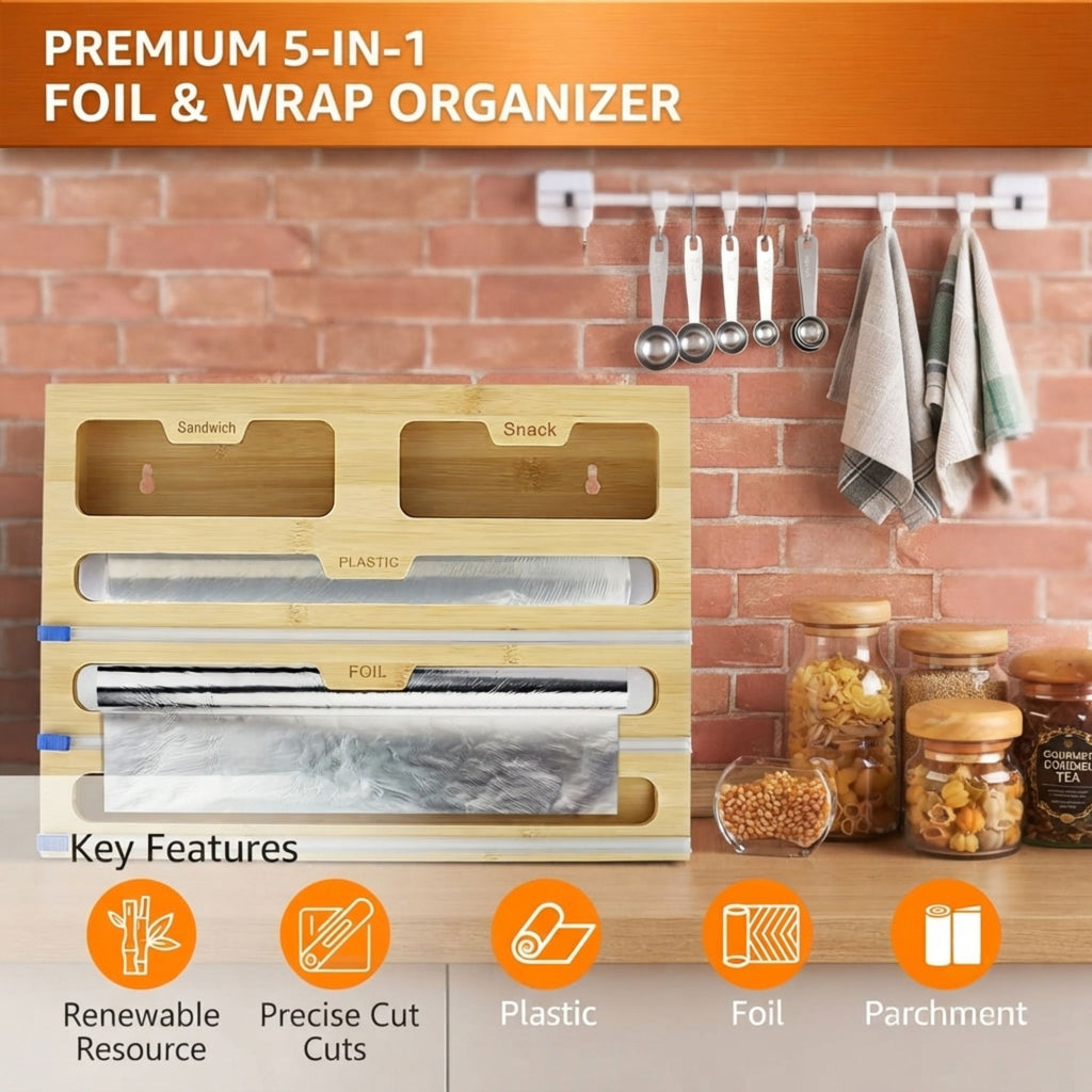 Bamboo Wrap Organiser 5 in 1 Dispenser with Cutter