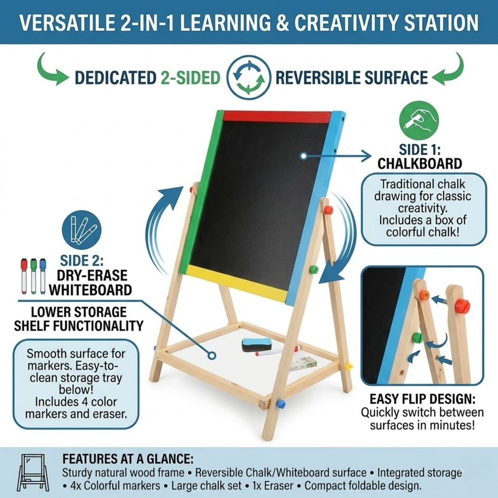 2-in-1 Kids Art Easel with Chalkboard and Whiteboard