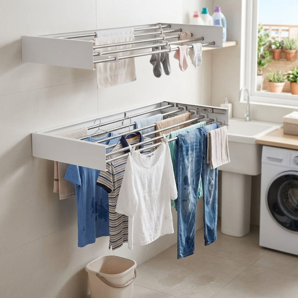 Wall Mounted Clothes Drying Rack - Foldable & Space-Saving - White