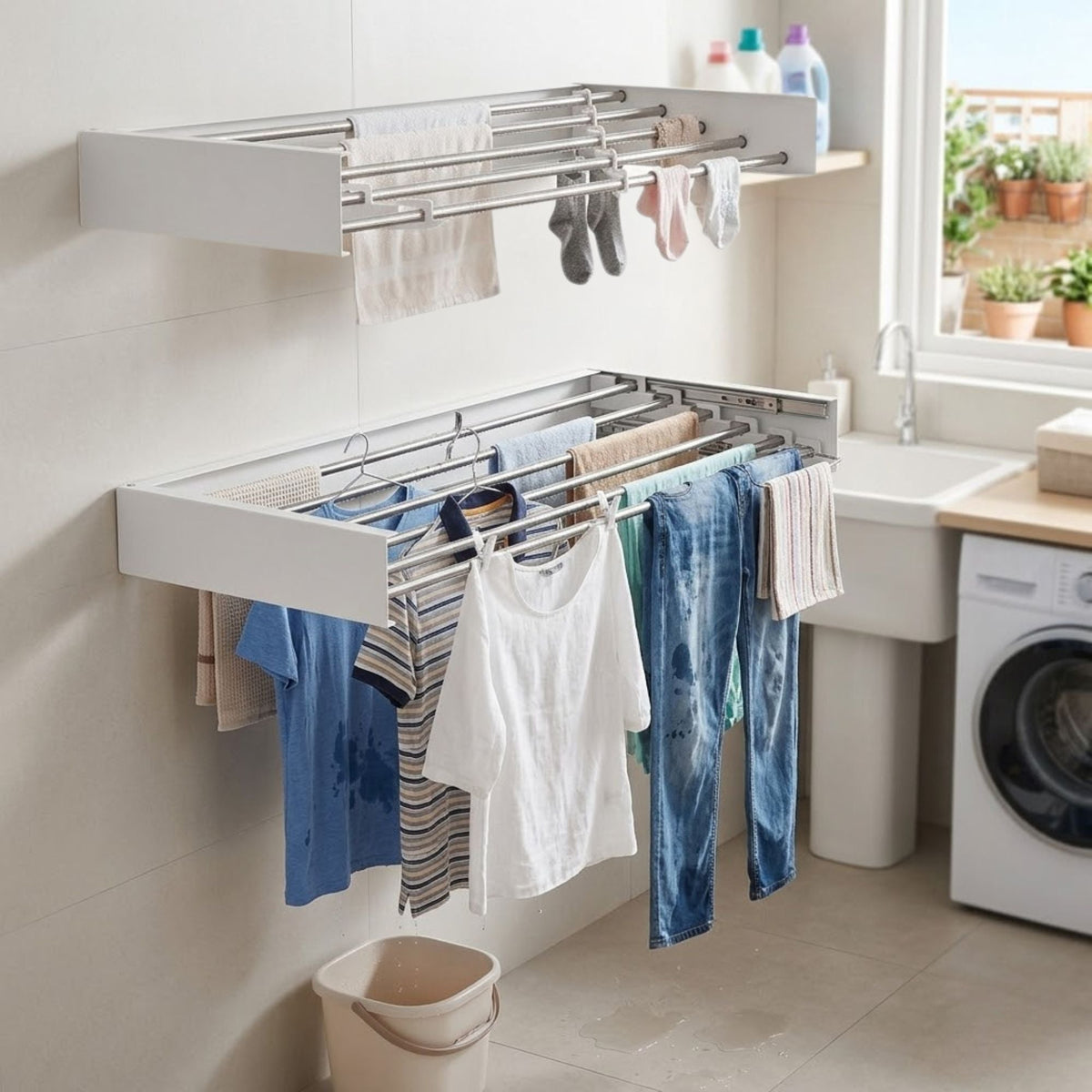 Wall Mounted Clothes Drying Rack - Foldable & Space-Saving - White