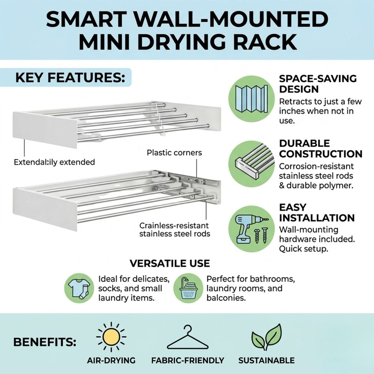 Wall Mounted Clothes Drying Rack - Foldable & Space-Saving - White