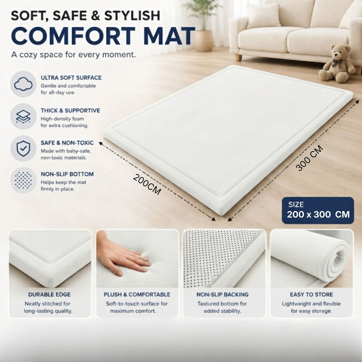 Baby Play Mat Thick Foam Crawling Mat for Infants - 300x200cm - White