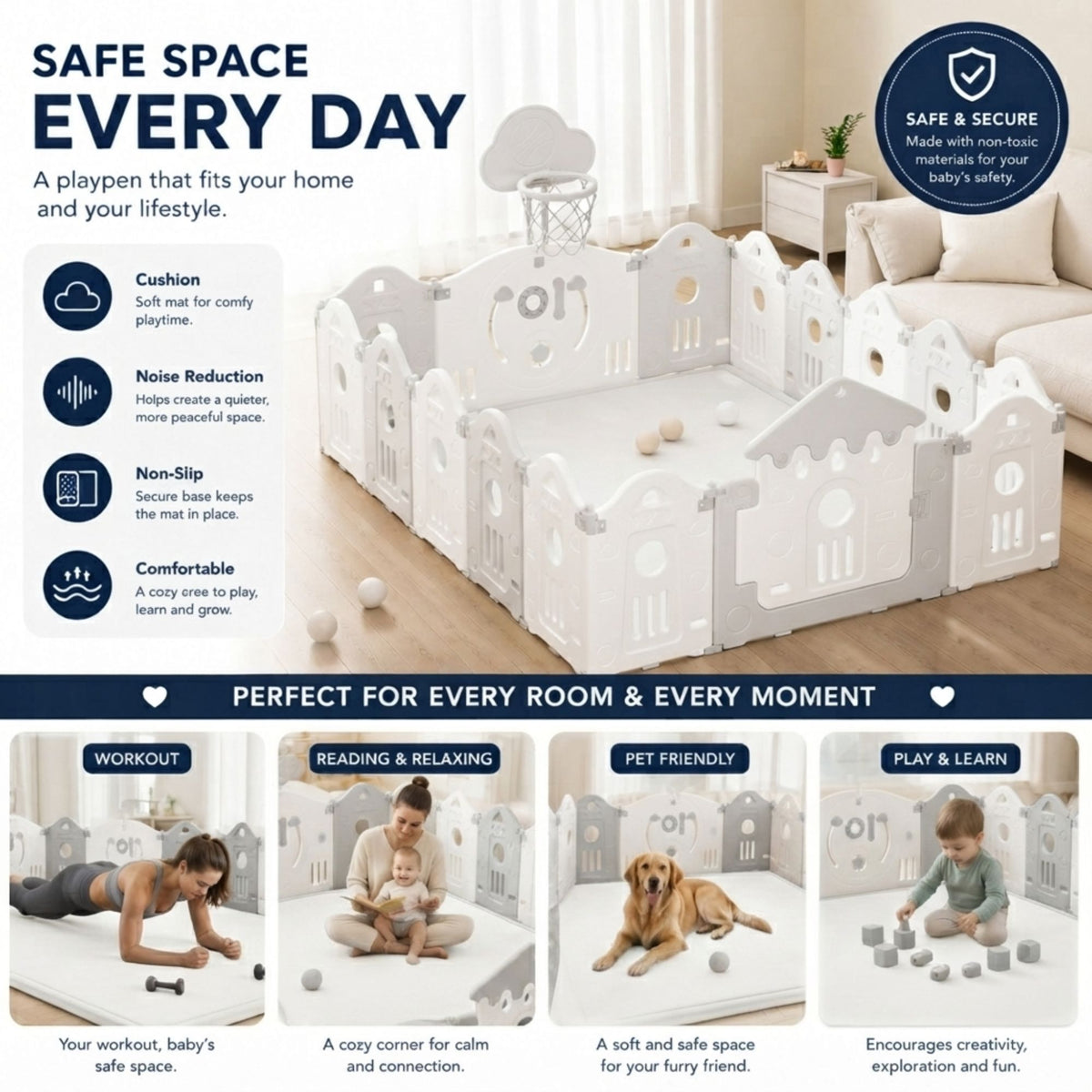Baby Play Mat Thick Foam Crawling Mat for Infants - 300x200cm - White