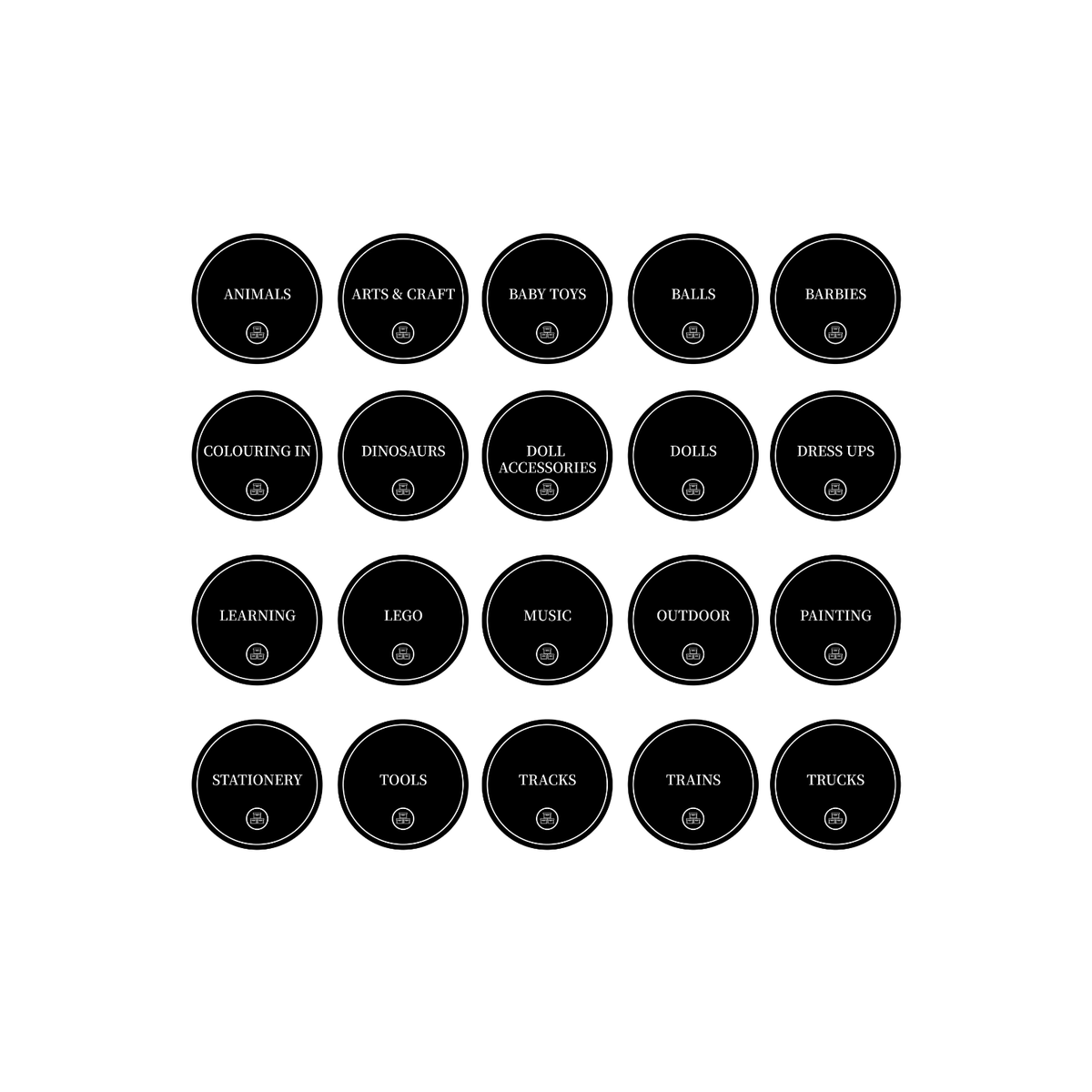 Toy Room Organisational Stickers – 36 Pack Round Labels