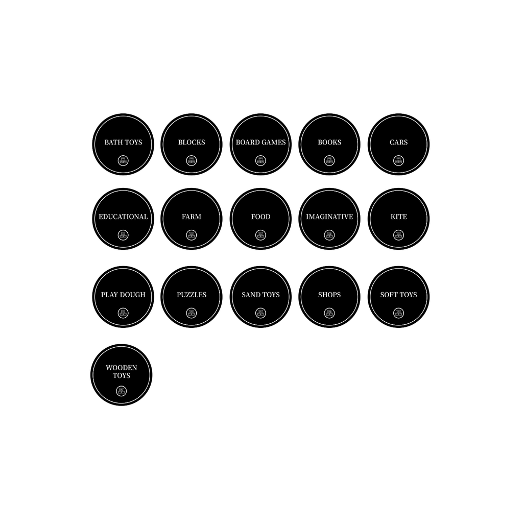 Toy Room Organisational Stickers – 36 Pack Round Labels