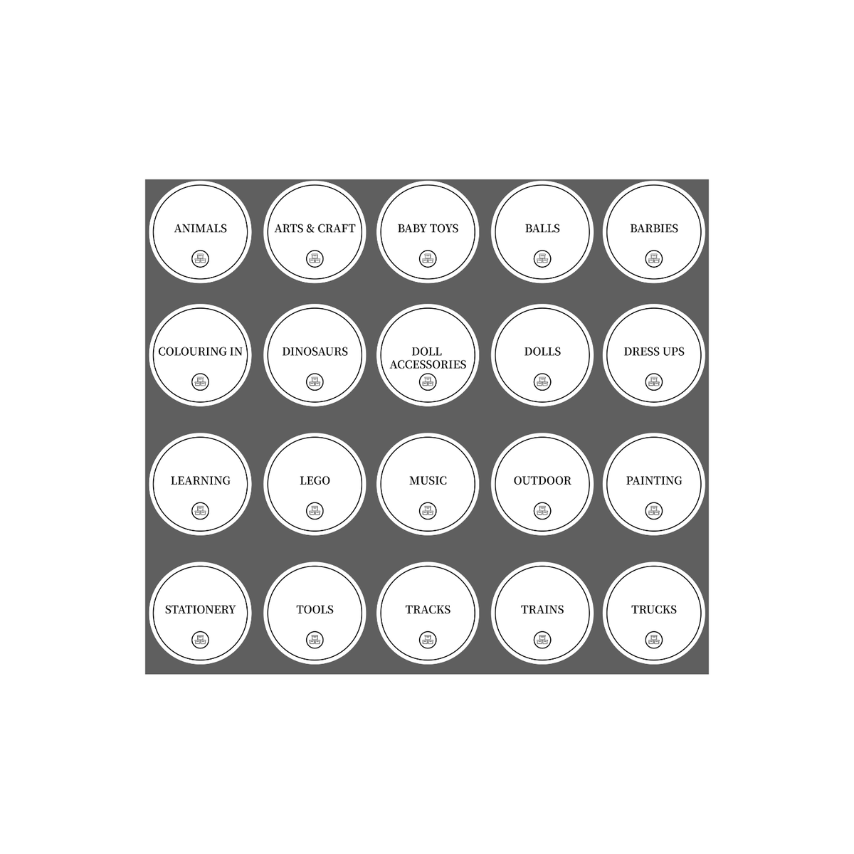 Toy Room Organisational Stickers – 36 Pack Round Labels