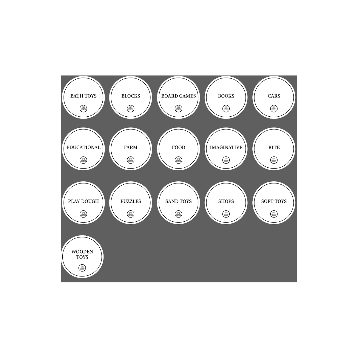 Toy Room Organisational Stickers – 36 Pack Round Labels