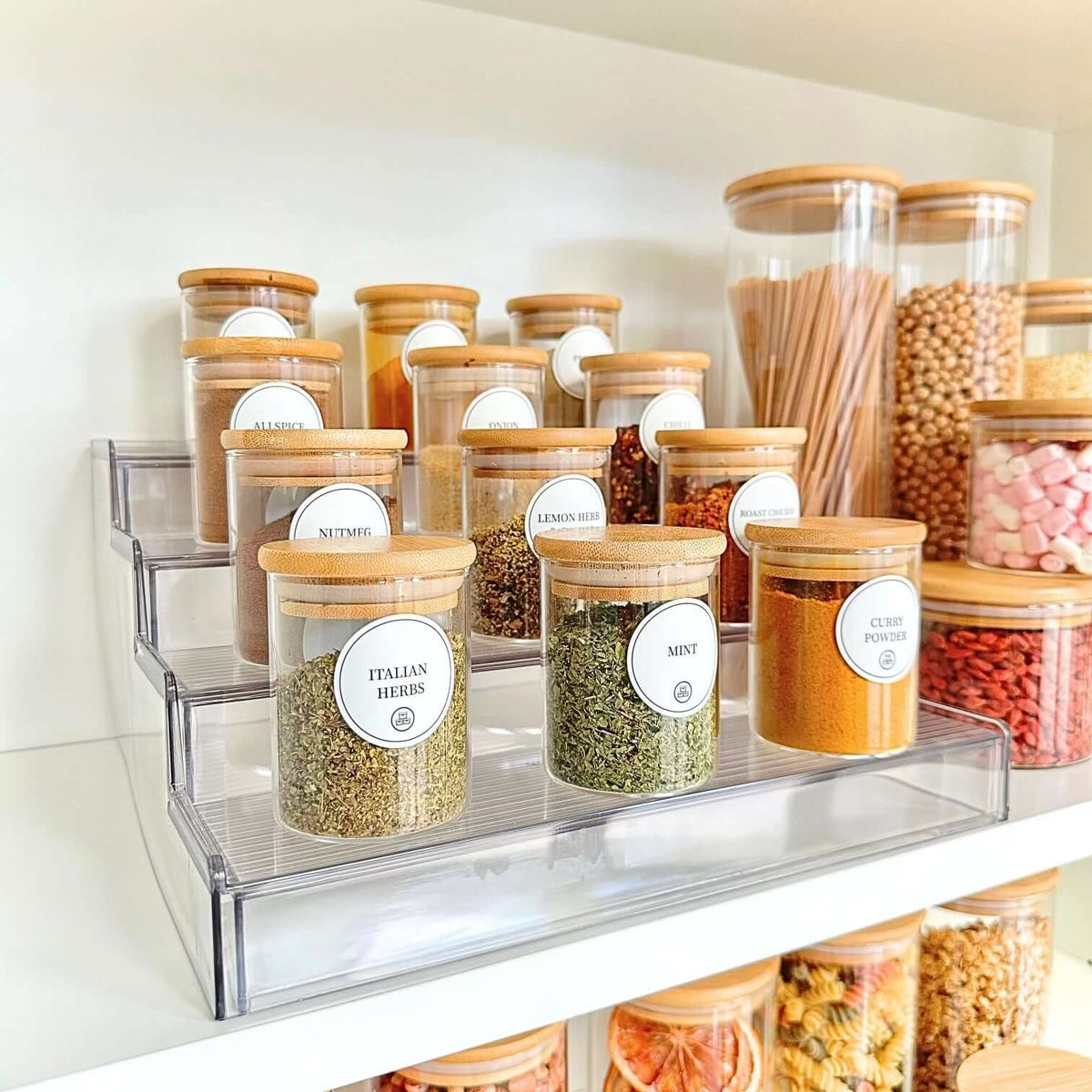 Round Glass Bamboo Spice Jars, 12 Pack