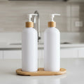 White Plastic Pump Bottles + Bamboo Tray – 500 ml Set