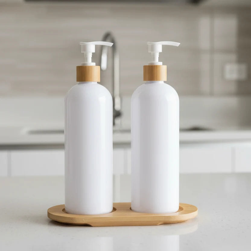 White Plastic Pump Bottles + Bamboo Tray – 500 ml Set