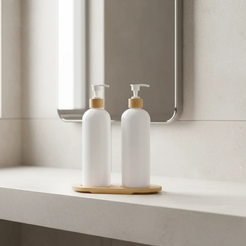 White Plastic Pump Bottles + Bamboo Tray – 500 ml Set