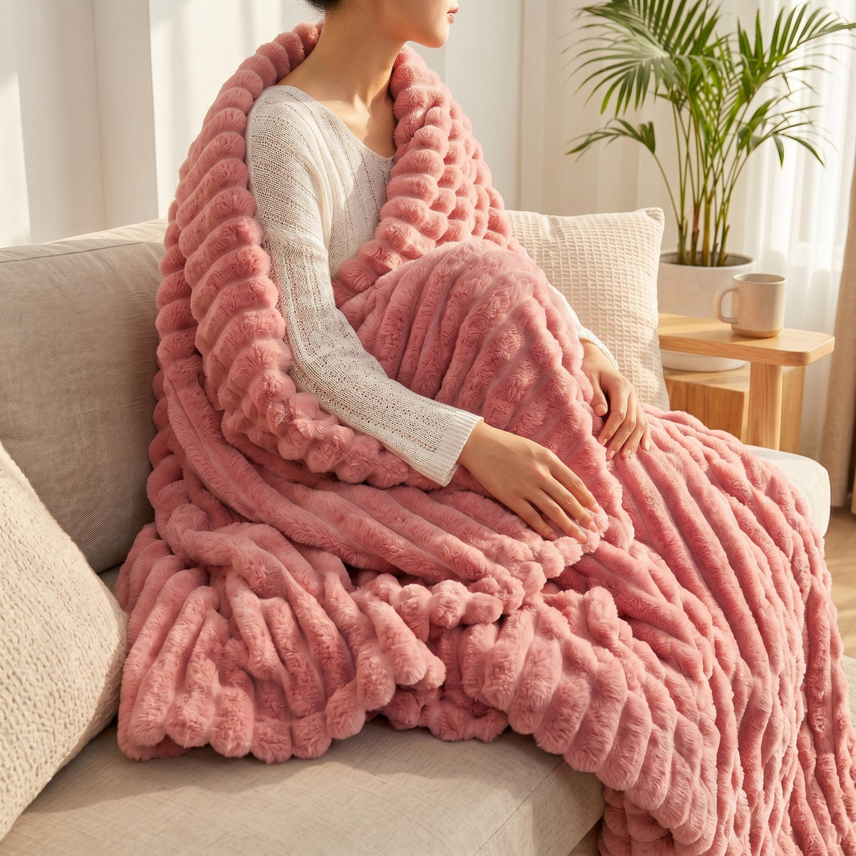SOGA 230x200cm Pink Flannel Polyester Throw Blanket