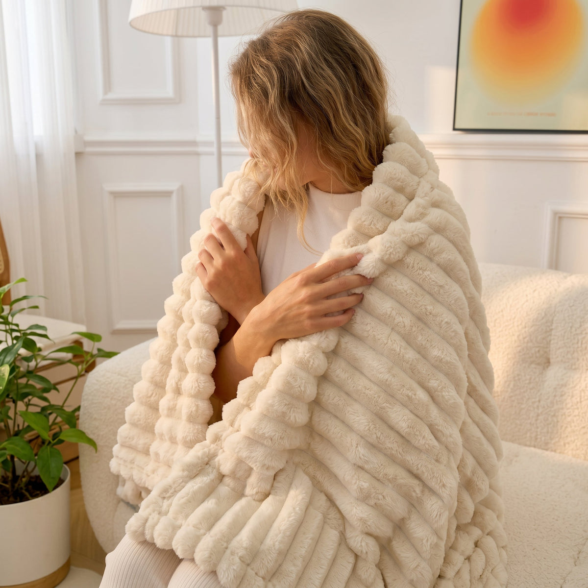 SOGA 2X 150x200cm Cream Flannel Polyester Throw Blanket