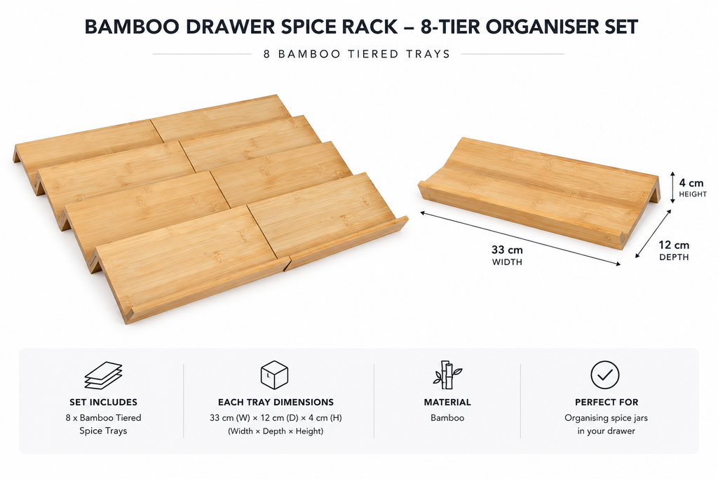 Bamboo Drawer Spice Rack – 8-Tier Organiser Set