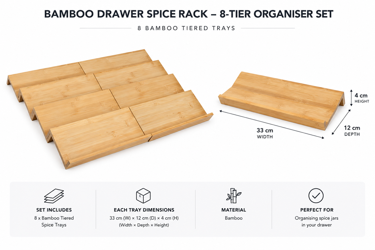 Bamboo Drawer Spice Rack – 8-Tier Organiser Set