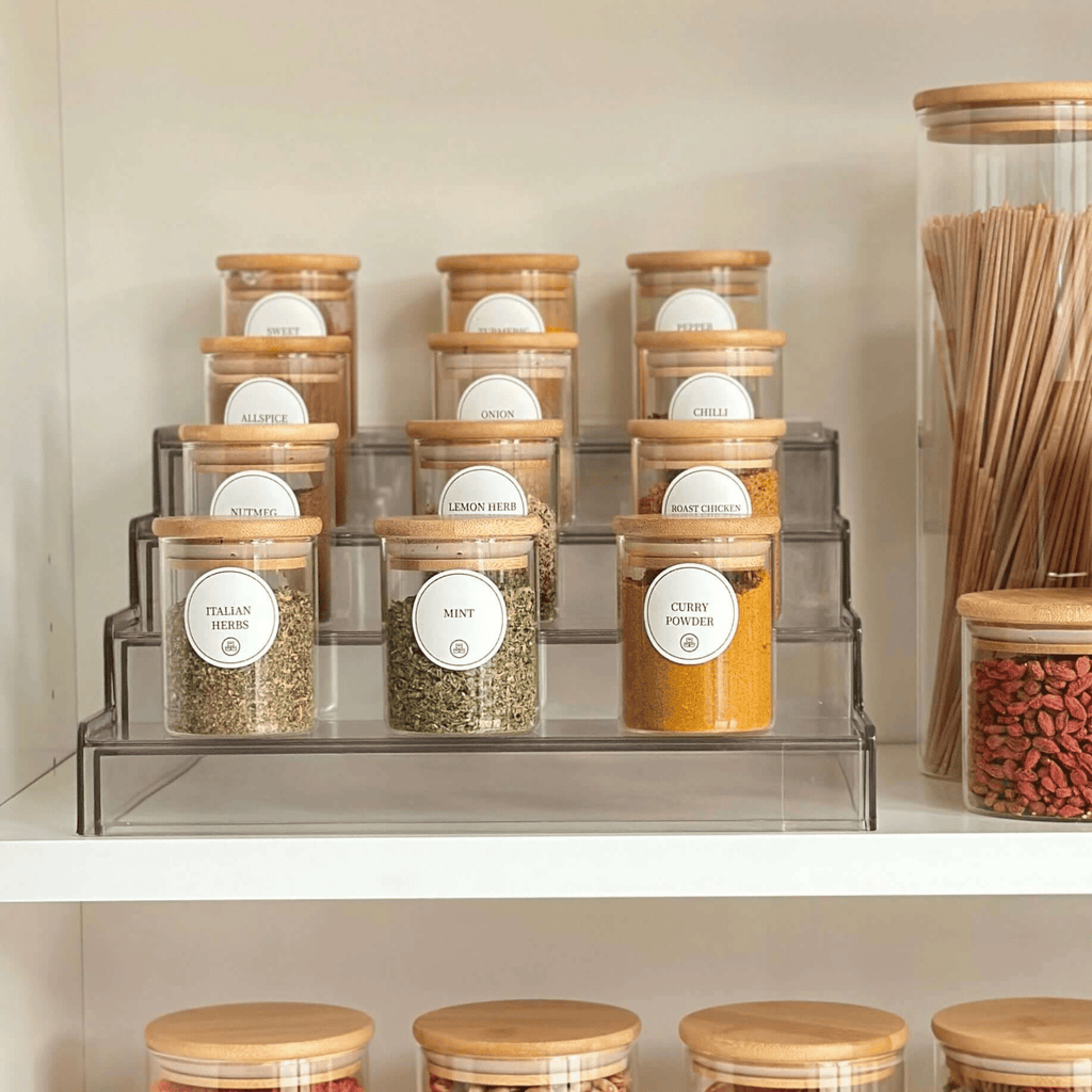 Round Glass Bamboo Spice Jars, 12 Pack