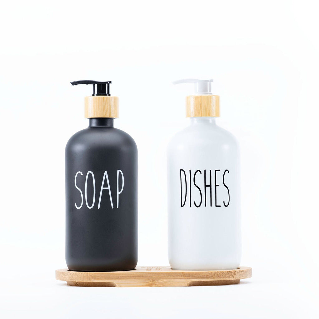 Glass Pump Bottles + Bamboo Tray – 500 ml Set