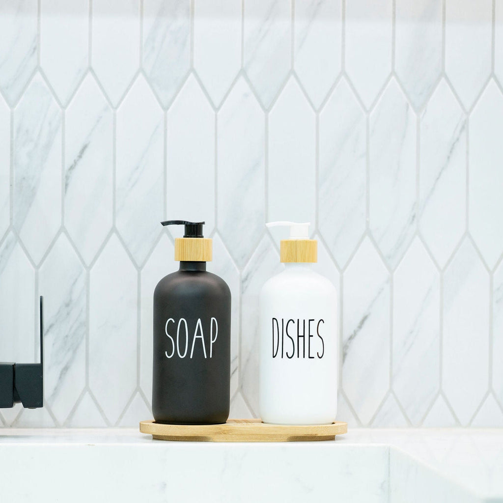 Glass Pump Bottles + Bamboo Tray – 500 ml Set