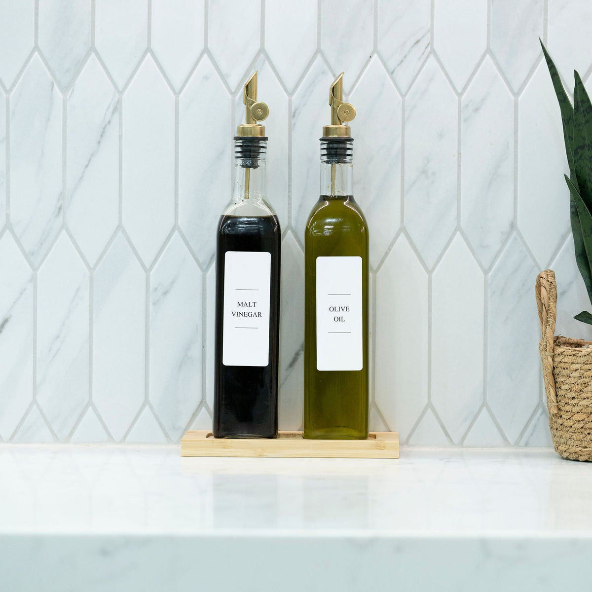 Clear Oil & Vinegar Bottles with Bamboo Tray – 500 ml