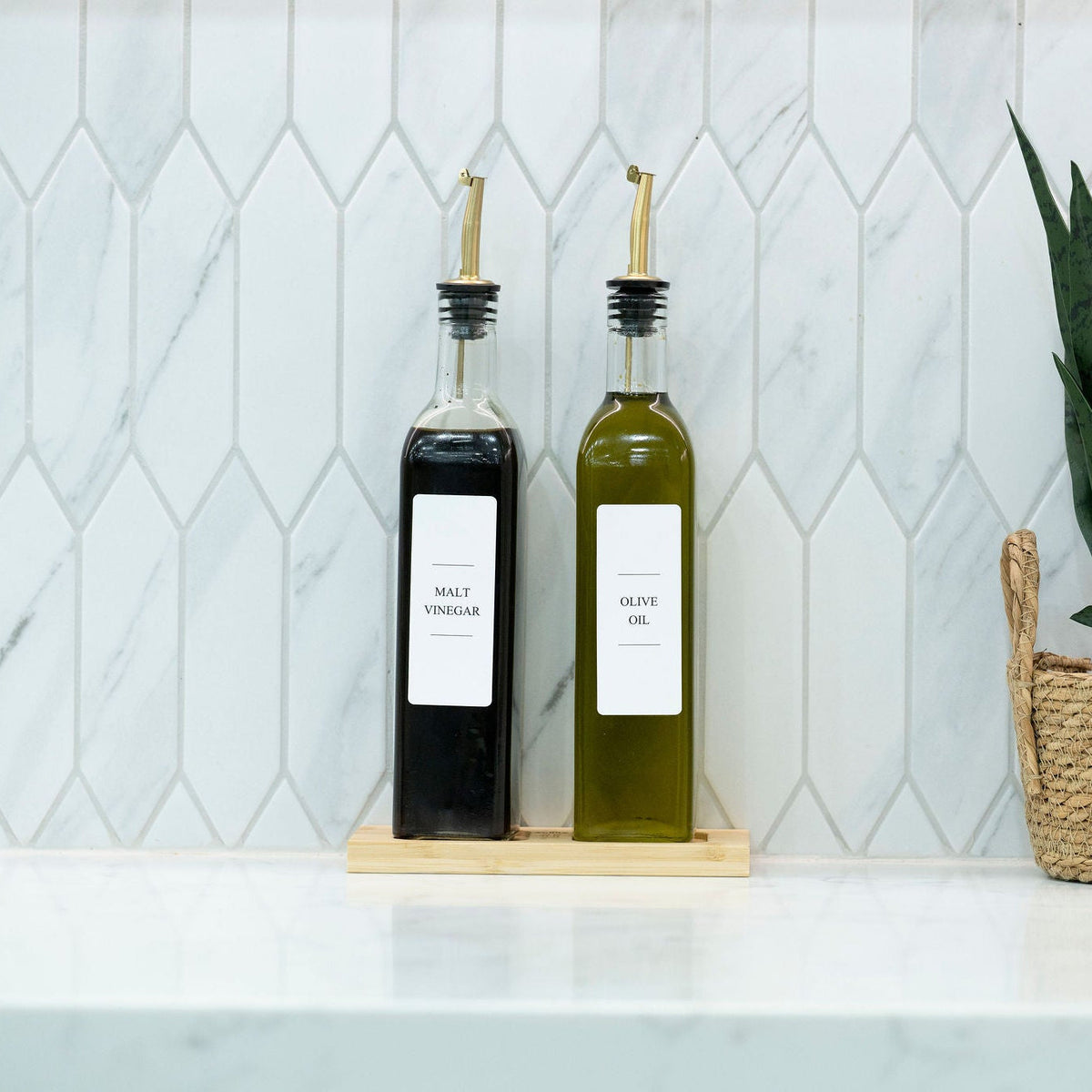 Clear Oil & Vinegar Bottles with Bamboo Tray – 500 ml