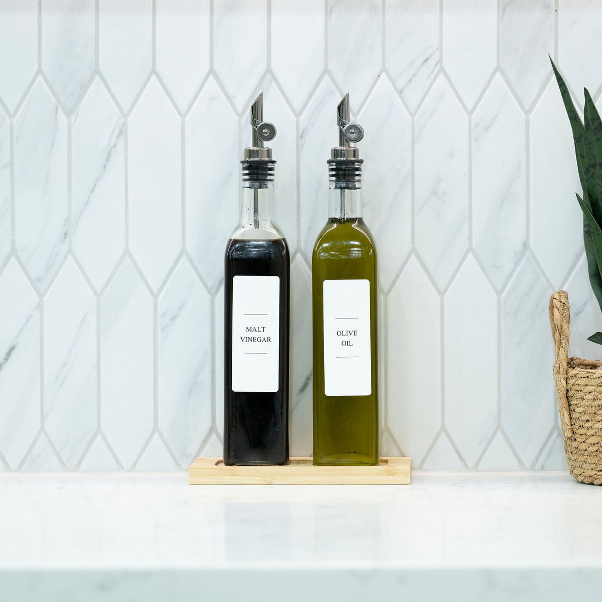 Clear Oil & Vinegar Bottles with Bamboo Tray – 500 ml