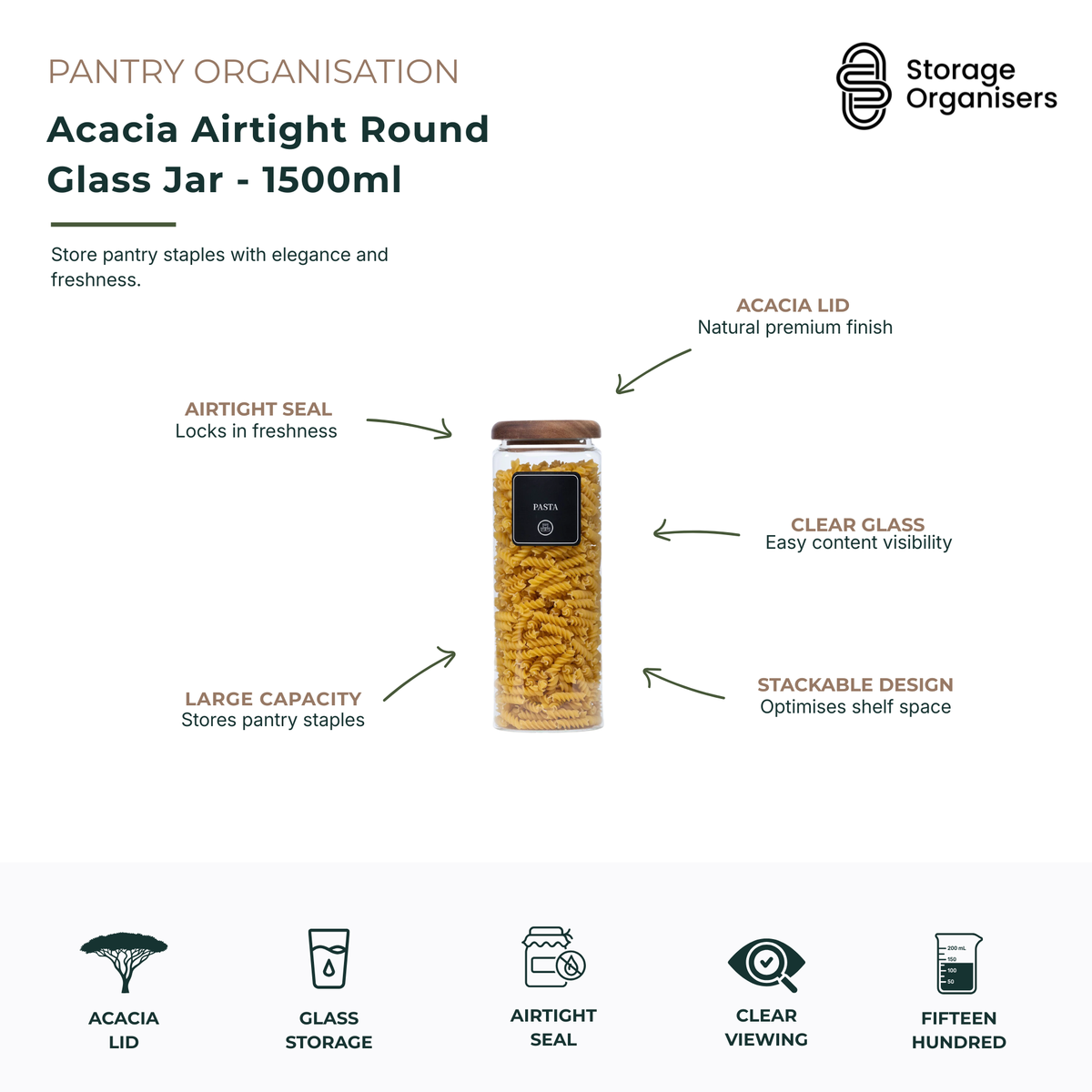 Acacia Airtight Round Glass Jar - 1500ml