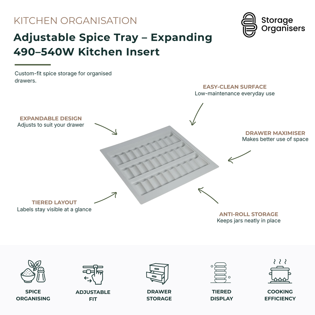 Adjustable Spice Tray – Expanding 490–540W Kitchen Insert