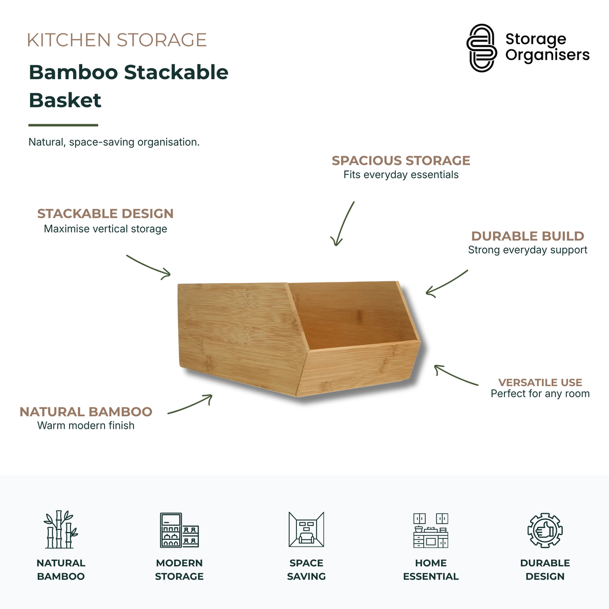 Bamboo Stackable Basket – Space-Saving Kitchen Organisation