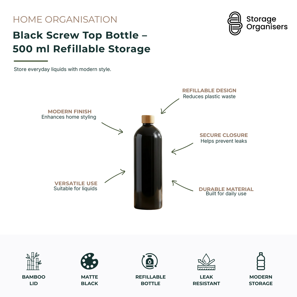 Black Screw Top Bottle – 500 ml Refillable Storage