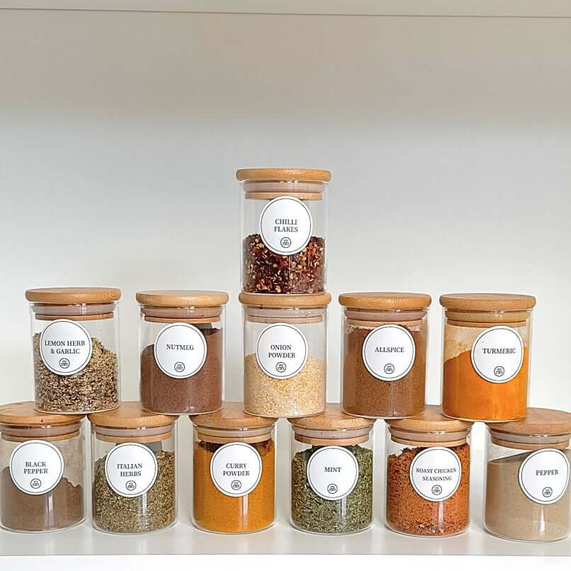 Round Glass Bamboo Spice Jars, 12 Pack