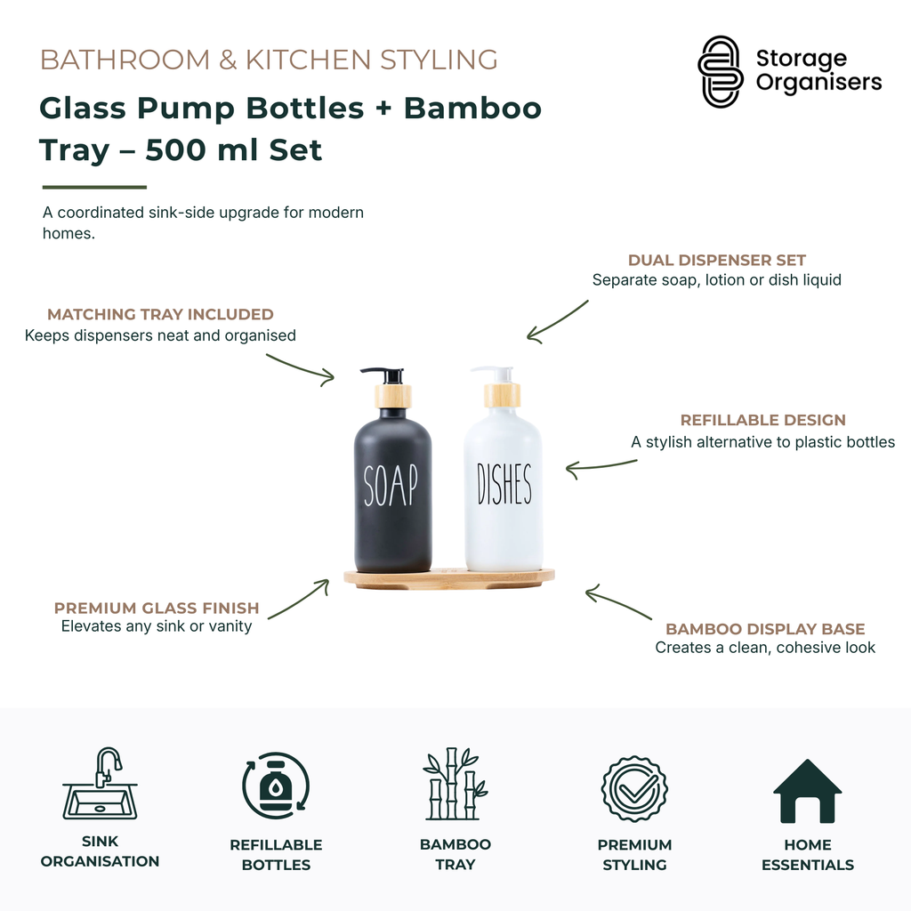 Glass Pump Bottles + Bamboo Tray – 500 ml Set