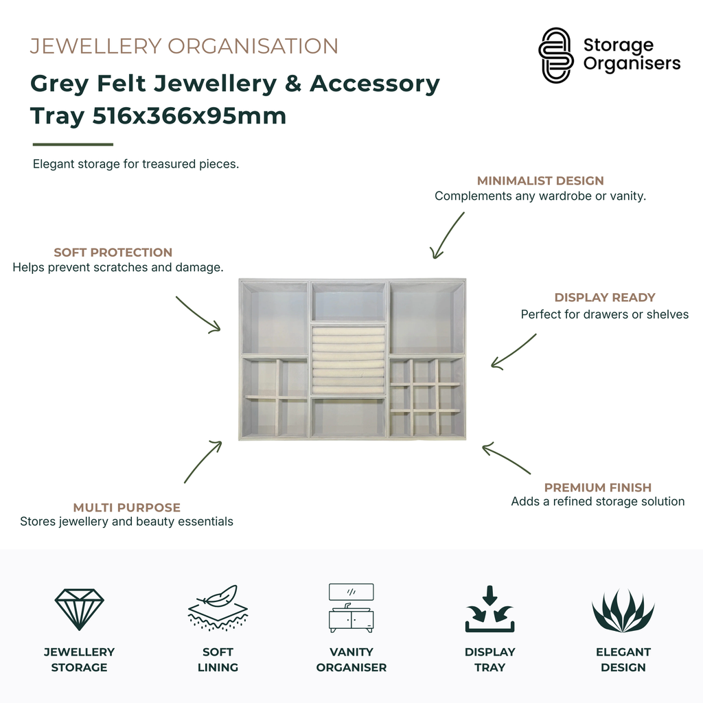 Grey Felt Jewellery & Accessory Tray 516x366x95mm