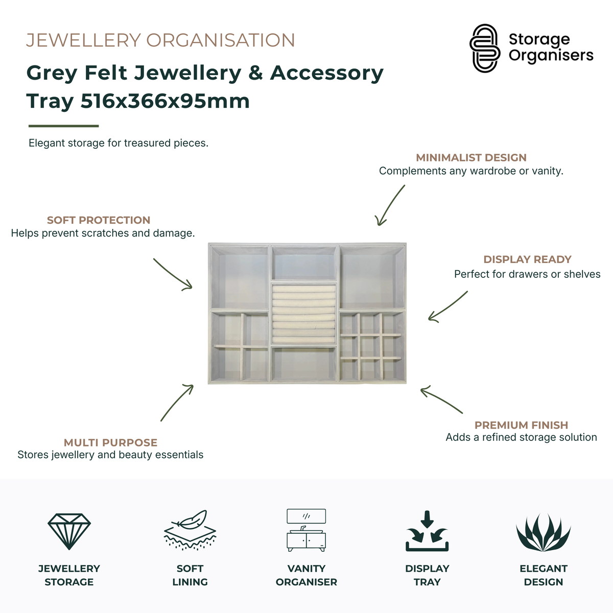 Grey Felt Jewellery & Accessory Tray 516x366x95mm