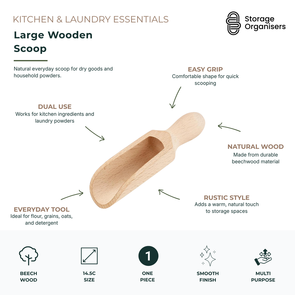 Large Wooden Scoop – Durable Beechwood Kitchen & Laundry Tool