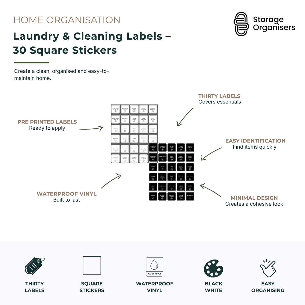 Laundry & Cleaning Labels – 30 Square Stickers
