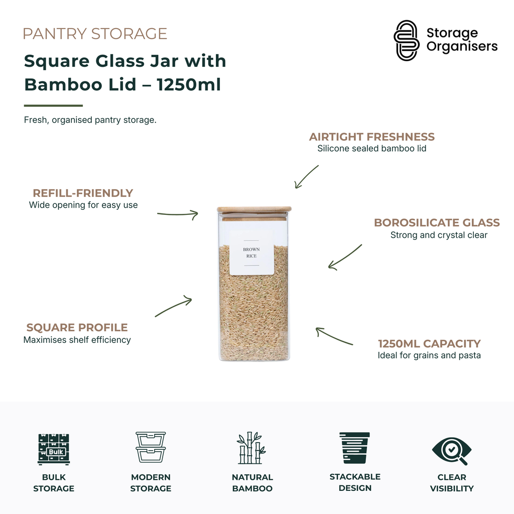 Square Glass Jar with Bamboo Lid – 1250ml