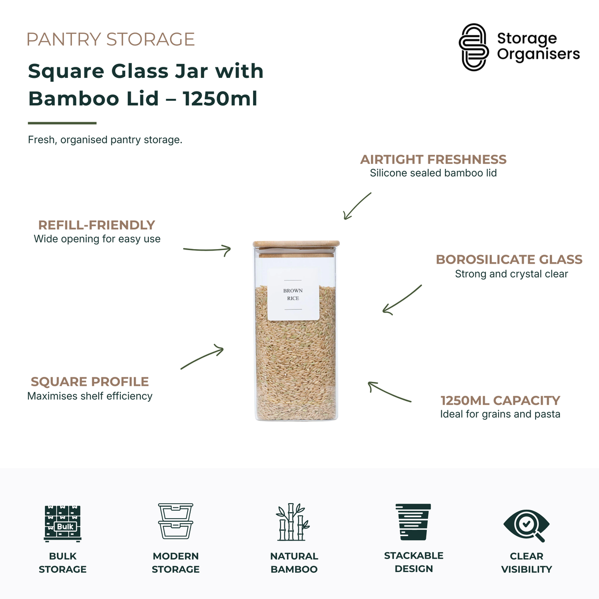 Square Glass Jar with Bamboo Lid – 1250ml