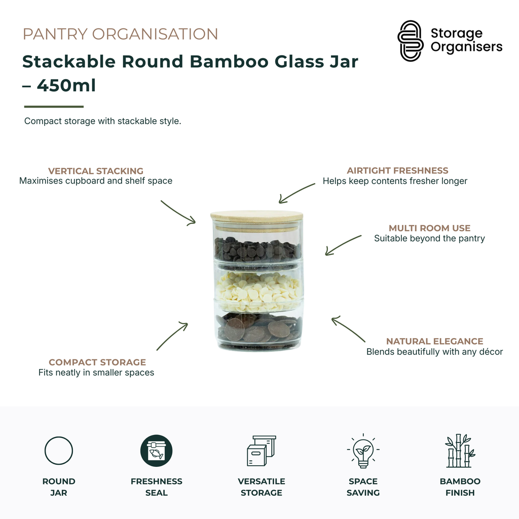 Stackable Round Bamboo Glass Jar – 450ml